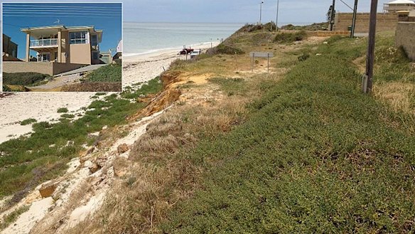 The erosion is undermining both private property and public utilities. Inset: 'The Bird' with its truncated driveway. 