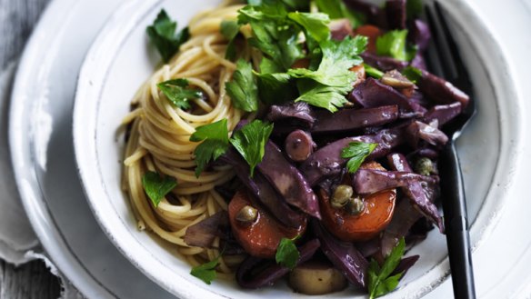 Any pasta will work in this braised squid dish, just remember the crusty bread for mopping.