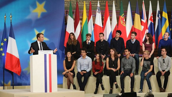 Students assemble to hear Emmanuel Macron's vision for a stronger Europe, with a joint budget for countries sharing the euro currency and a stronger global voice despite Brexit looming.