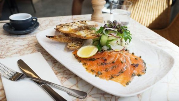 Salmon gravalax, pickled radish, cucumber, fennel, soft herbs and lemon.