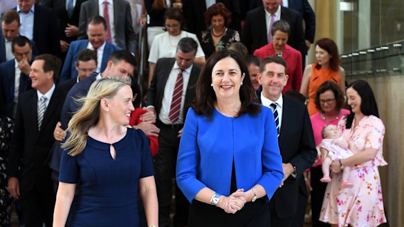 Commonwealth Games Minister and Premier Annastacia Palaszczuk with members of the Labor caucus on Monday.