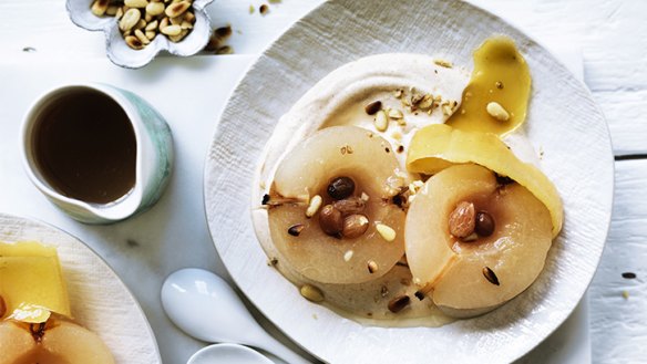 Honey-poached nashi pears with cinnamon and chantilly cream.