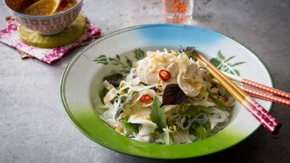 Lunch on a hot day: Poached chicken salad with young coconut, vermicelli and Vietnamese mint.