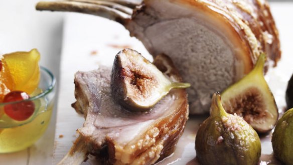 Roast rack of pork with fresh figs.