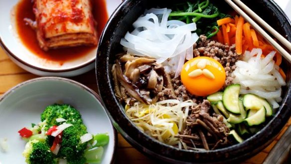 Bibimbap from Maroo Korean barbecue restaurant in Ryde is a one-bowl wonder with rice, beef mince,  vegetables, egg and chilli sauce.