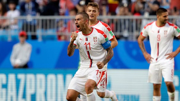 Serbia's Aleksandar Kolarov celebrates scoring the winner against Costa Rica.