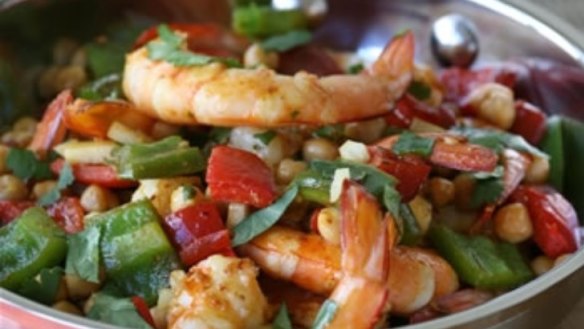 Pan-fried prawns with chickpeas and chermoula