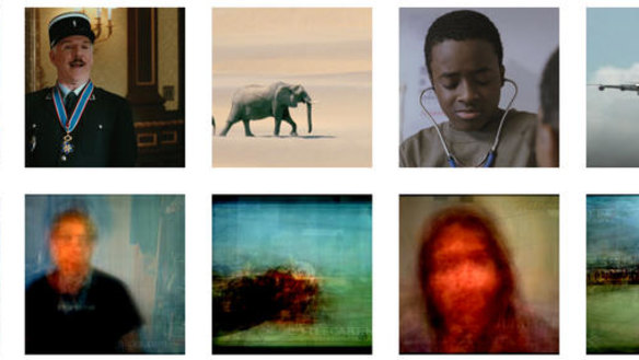 This set of paired images shows original video images, upper row, and those images reconstructed by computer from brain scans.