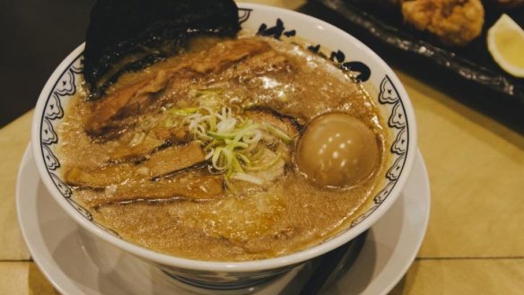 Ramen Bankara's authentic Tokyo-style shoyu ramen of pork bone broth with braised pork belly.