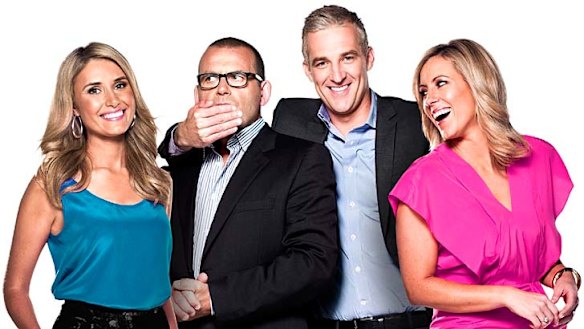 Gagged ... Ten Breakfast hosts Magdalena Roze, Paul Henry, former presenter Andrew Rochford and Kathryn Robinson.