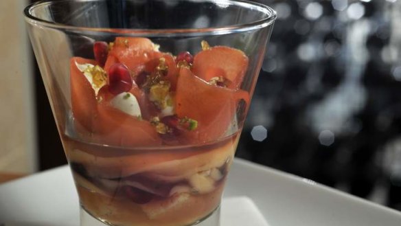 Trifle of quince, cherries and pistachio praline at Ox.