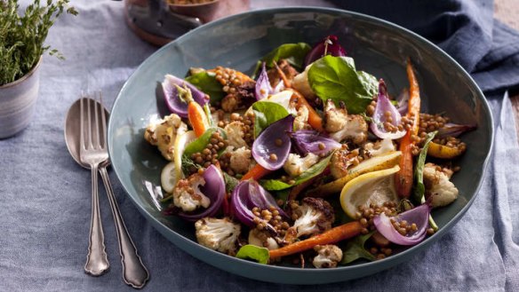 Warm roast veggie salad with lemony lentils.