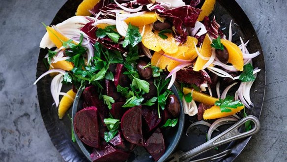 Vibrant winter flavours: Beetroot, orange and olive.