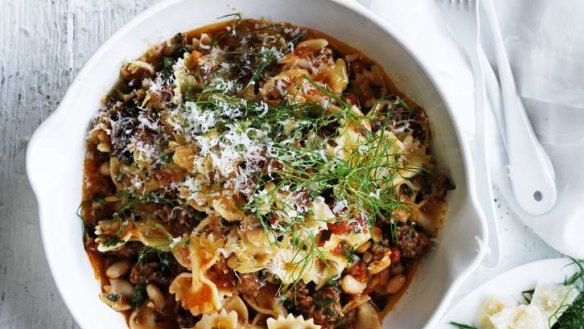 Farfalle with sausage, fennel and beans.
