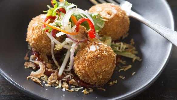 Sweet potato arancini with coconut and chilli jam.