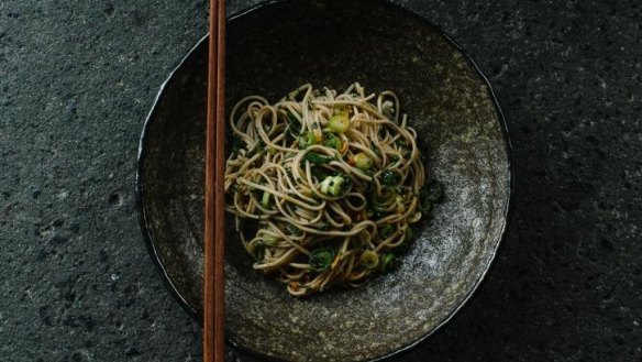 Honcho's soba noodles with spring onions and black vinegar.