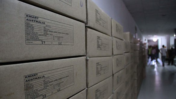 Bound for Australia: Boxes of shirts for Kmart from the Stitchwell Designs factory in Dhaka, Bangladesh.