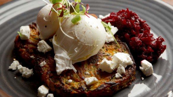 Zucchini and sweet potato fritters and poached eggs.