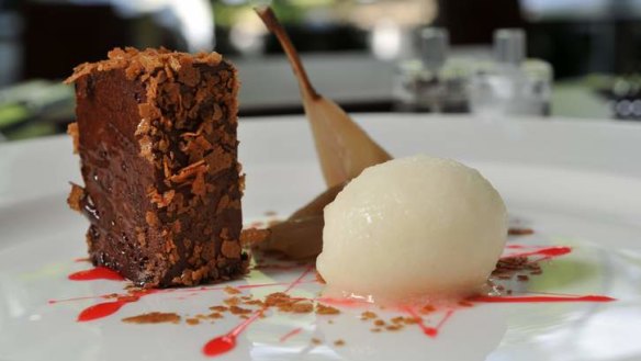 Chilli chocolate slab with poached pear.