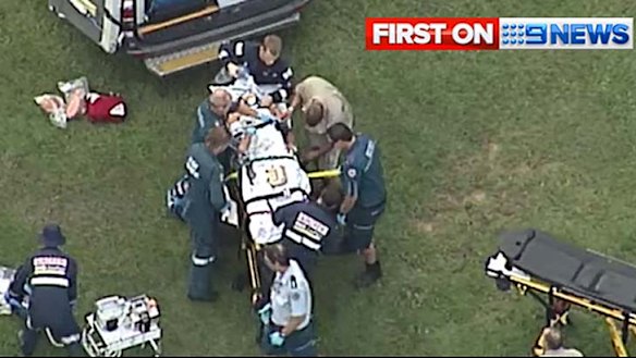 A medical crew treat the injured trainer.