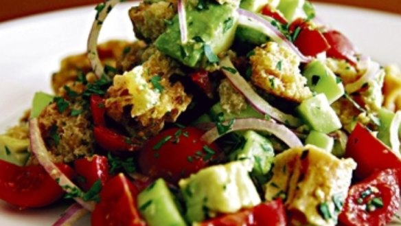 Avocado, tomato, cucumber and bread salad