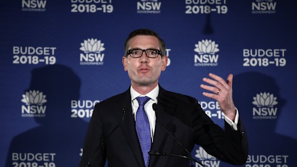 NSW Treasurer Dominic Perrottet at his budget press conference on Tuesday. 