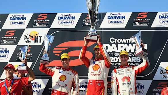 Podium standings (from left)  Scott McLaughlin, Fabian Coulthard, and Nick Percat in Darwin.