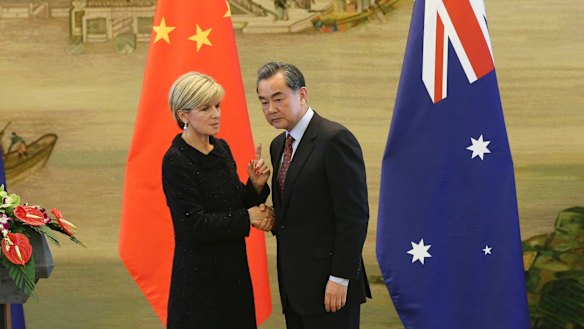 Australian Foreign Minister Julie Bishop meets Chinese Foreign Minister Wang Yi in Beijing in February.