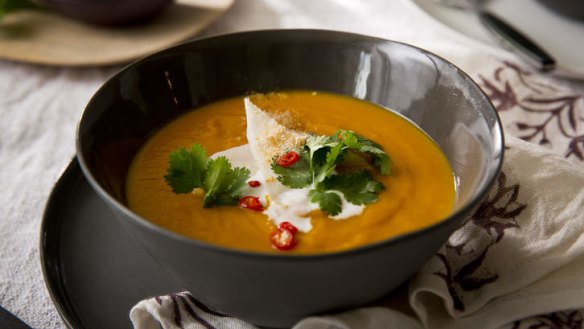 Roast pumpkin soup with Thai flavours and young coconut.