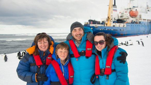 Chris Turney with Annette, Robert and Cara in Antarctica.