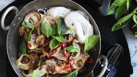 Neil Perry's wok-fried duck with coconut milk, Thai basil and vermicelli noodles.