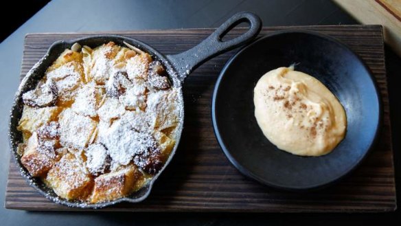 Warm panettone, date and almond budino with amaretto zabaglione.