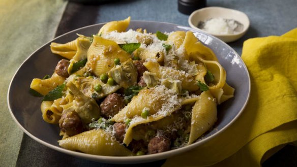 Conchiglie pasta with pork polpette and artichokes.