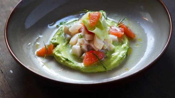 Kingfish ceviche with avocado cream, grapefruit and cucumber dressing.