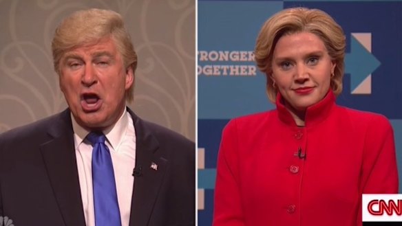 Alec Baldwin as Donald Trump and Kate McKinnon as Hillary Clinton in final election sketch on Saturday Night Live.