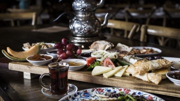 Substantial: The complete breakfast banquet with Turkish tea at Yenikoy.