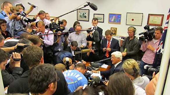 Bob Katter addresses an impromptu press conference in his office at Parliament House in Canberra.