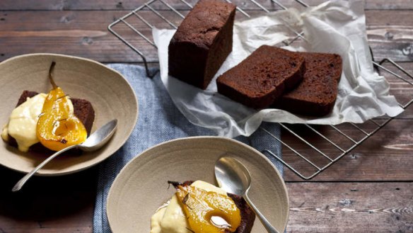 This chocolate loaf cake (rear) tastes lovely alone or with baked pears and custard.