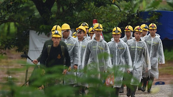 Thai army soldiers return from Tham Luang cave on day three of the rescue operation. 
