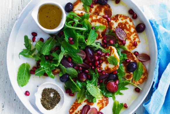 Neil Perry's warm haloumi salad with pomegranate and lemon dressing.