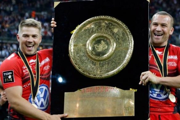Winners are grinners: Drew Mitchell and Matt Giteau after winning a title for Toulon.