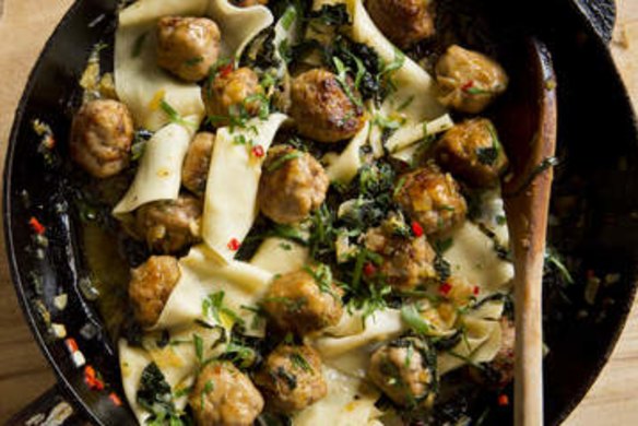 Pappadelle with black cabbage and meatballs.