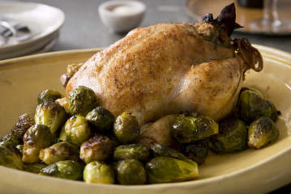 Brined and stuffed roast chicken with honeyed brussel sprouts by Karen Martini. To be used for upcoming recipe pages in Epicure/Good Food. Styling by Marnie Rowe, photographs by Marcel Aucar. Please credit.