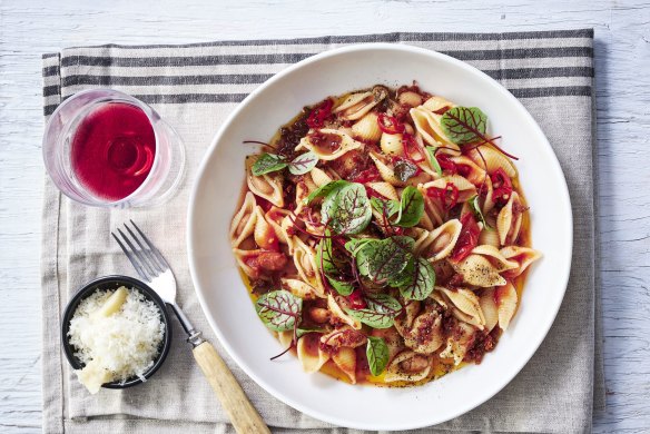 Spicy tomato and salami pasta with borlotti beans. 