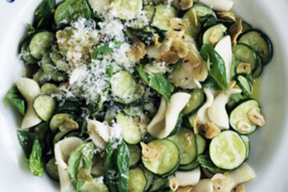 Cavatelli pasta with zucchini and garlic.