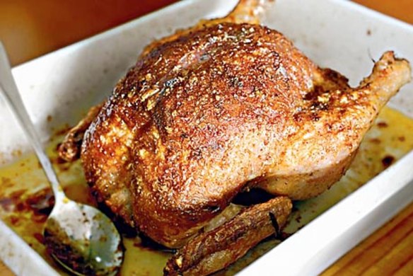 Roast chicken with a bread and tarragon stuffing.