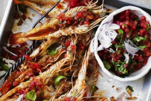 Char-grilled whole prawns with watermelon and basil dressing.