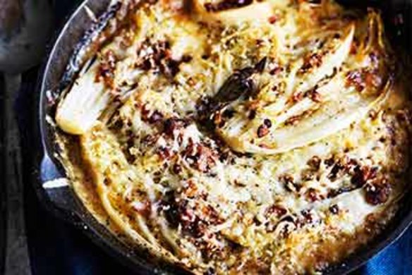 Braised witlof and leek gratin with gruyere.