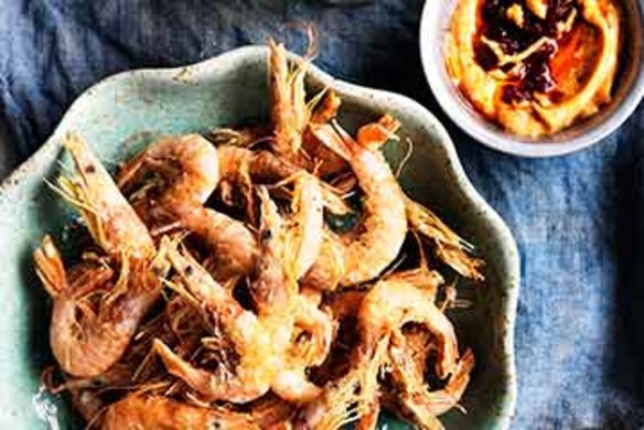 Crispy school prawns with harissa mayonnaise.