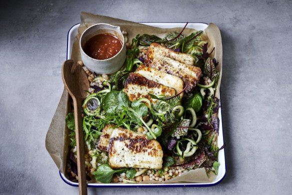 Haloumi, zucchini, Israeli cous cous salad.